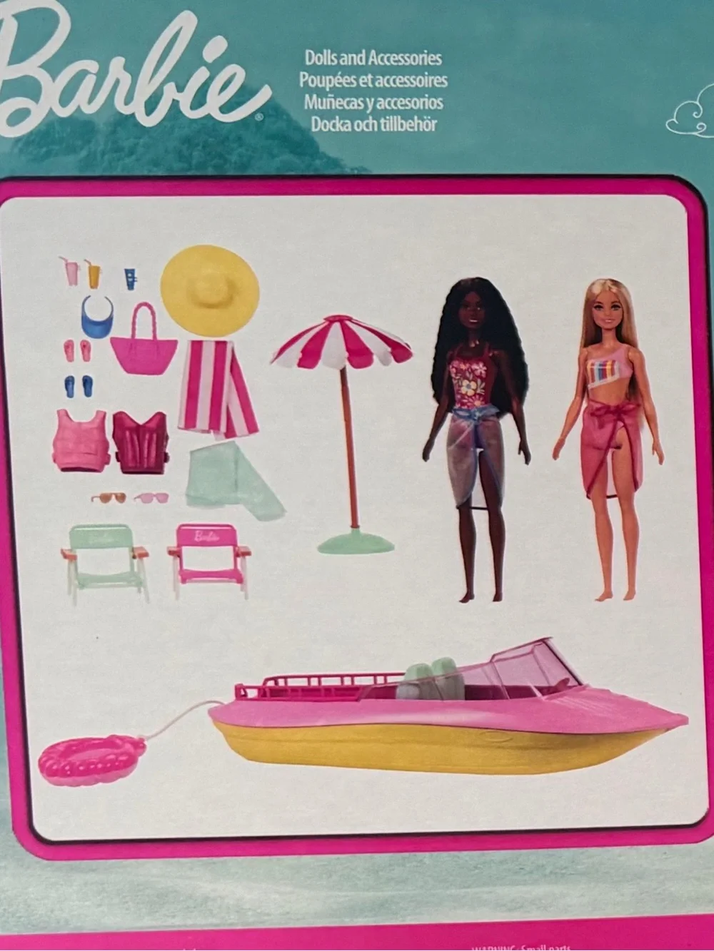 New! Barbie Boat and Beach Doll Set - Pink, Teal & Yellow